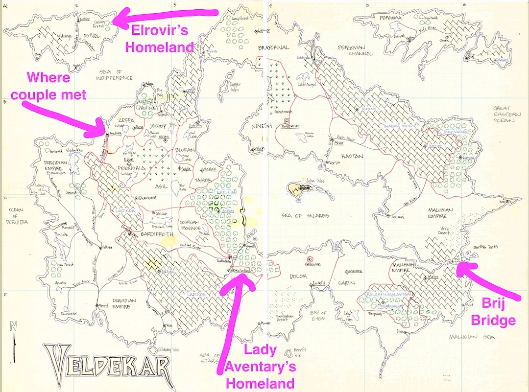 A hand-drawn map of Veldekar with pink annotations for significant locations in the relationship between Lady Aventary and Elrovir Rodiridan.
