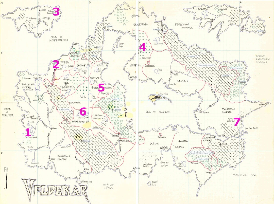 A hand-drawn map of Veldekar with pink numbers 1-7 identifying the remaining shards of the Shield of Concar as scried by the Heroes.
