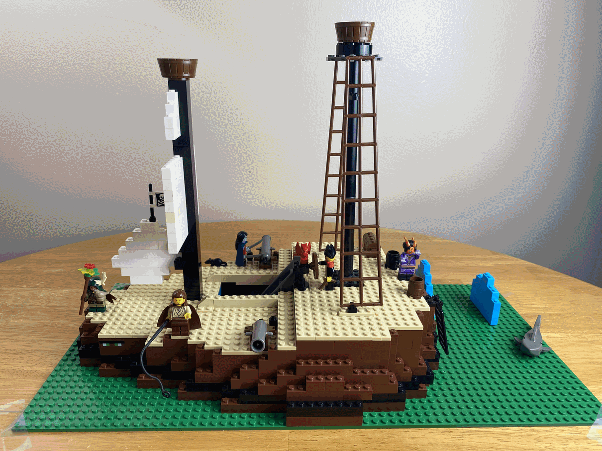 An animated LEGO scene showing a cat-like character (representing Bigglesworth) interacting with a LEGO ship and catching a fish.