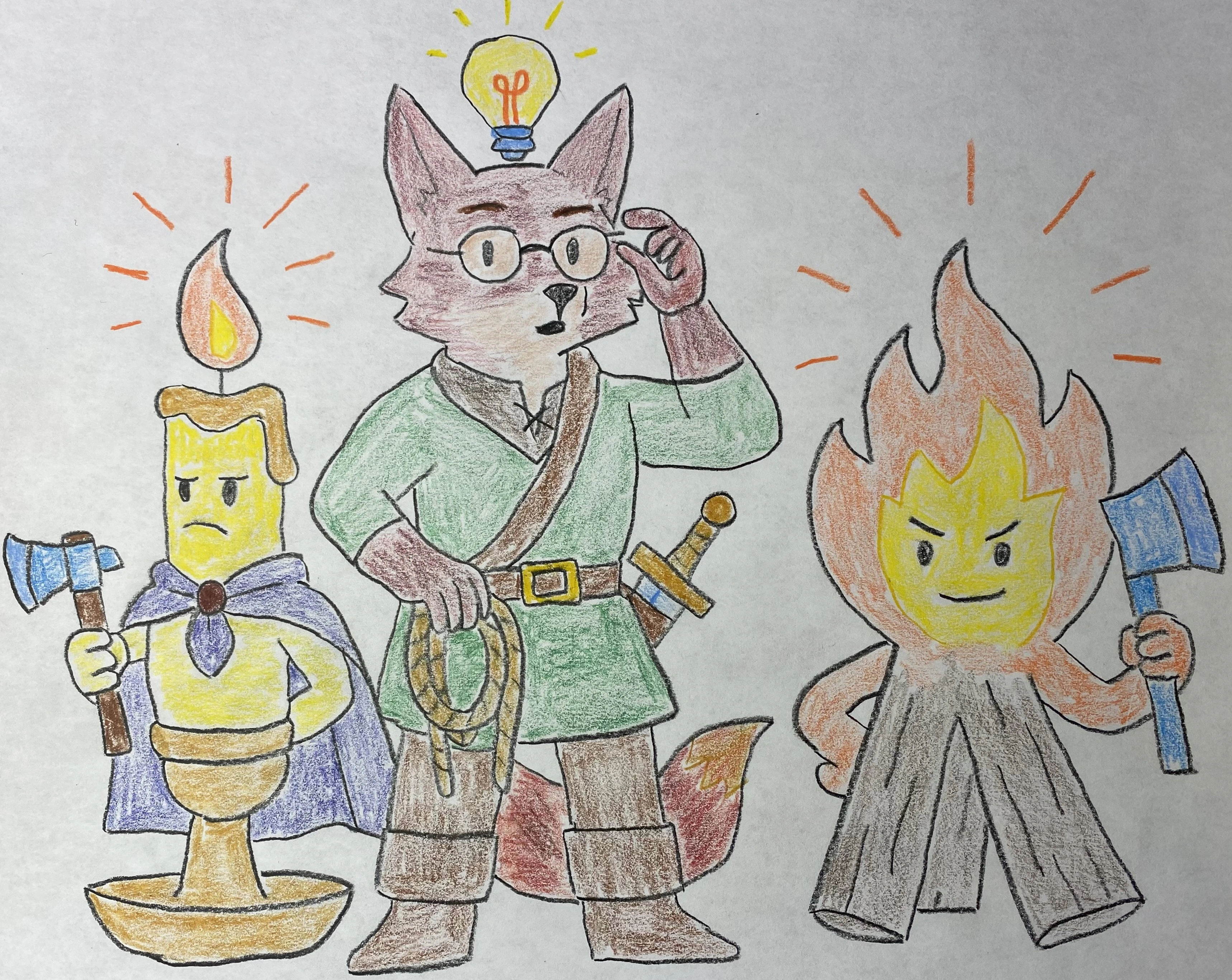 A hand-drawn illustration featuring three 'bright' characters: a candle-man, a lightbulb-fox, and a flame-man. This is a meme reference to the Bright Brothers which Lord Fox was a member of.