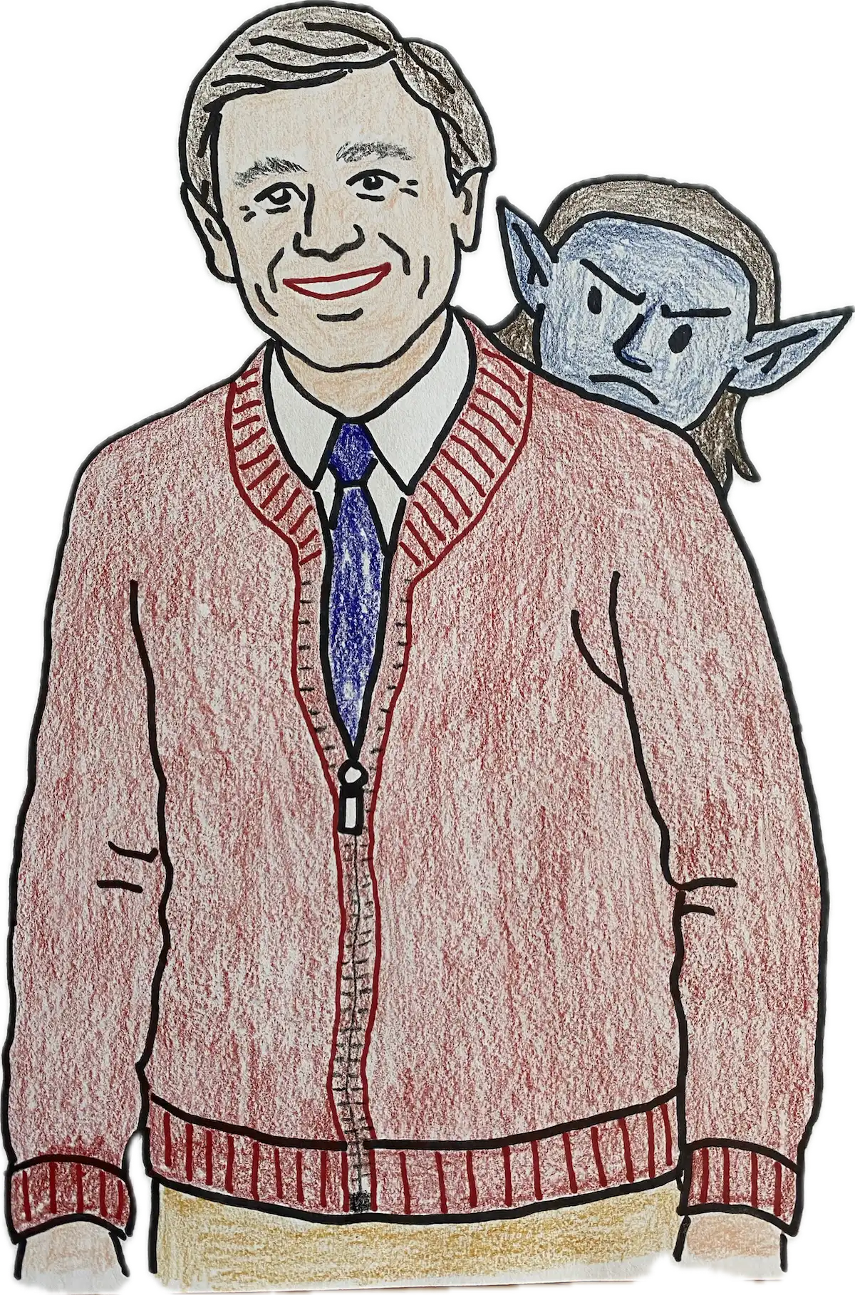 PBS's Mr. Rogers in foreground. Dirk is hiding behind him, peeking out from behind his left shoulder.