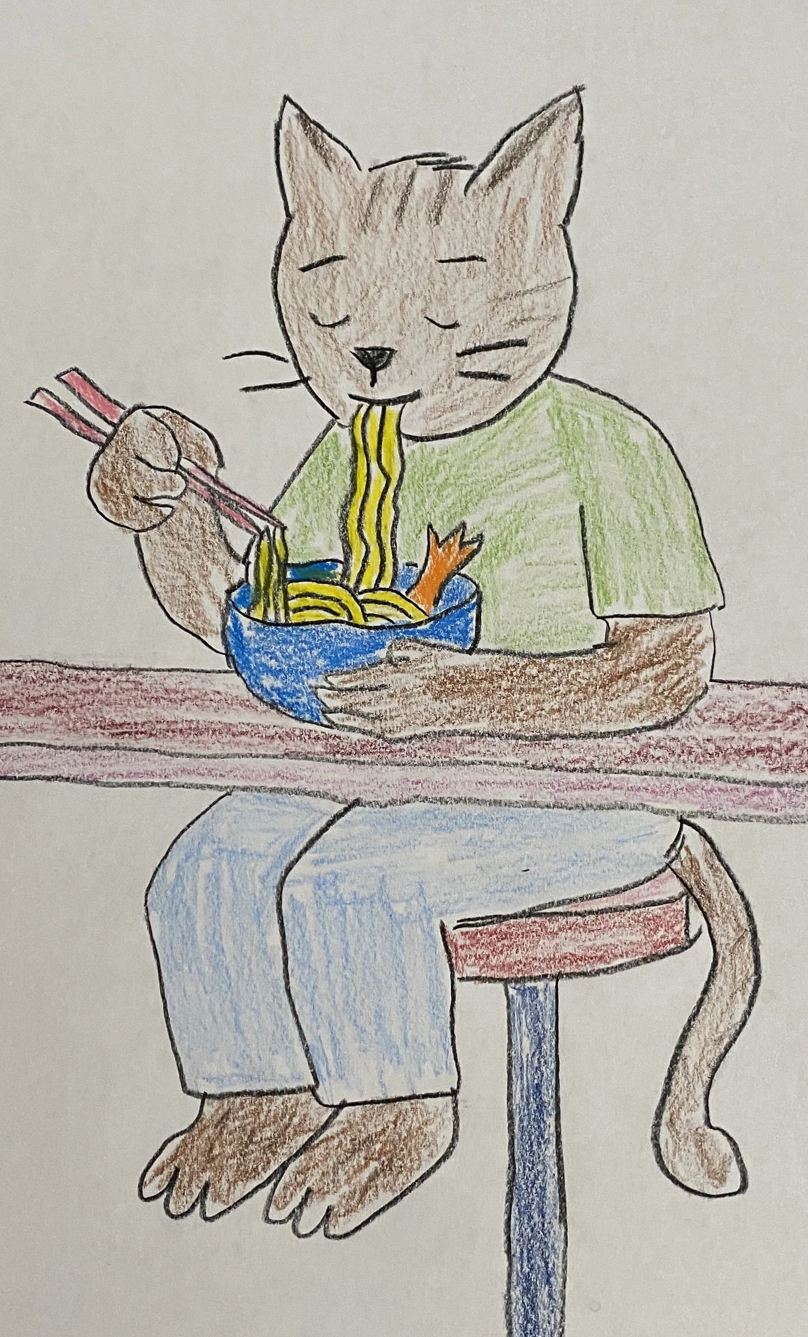 A hand-drawn illustration showing a cat-character (representing Bigglesworth) sitting at a table and eating a bowl of noodles. A chicken foot is sticking out of the bowl.