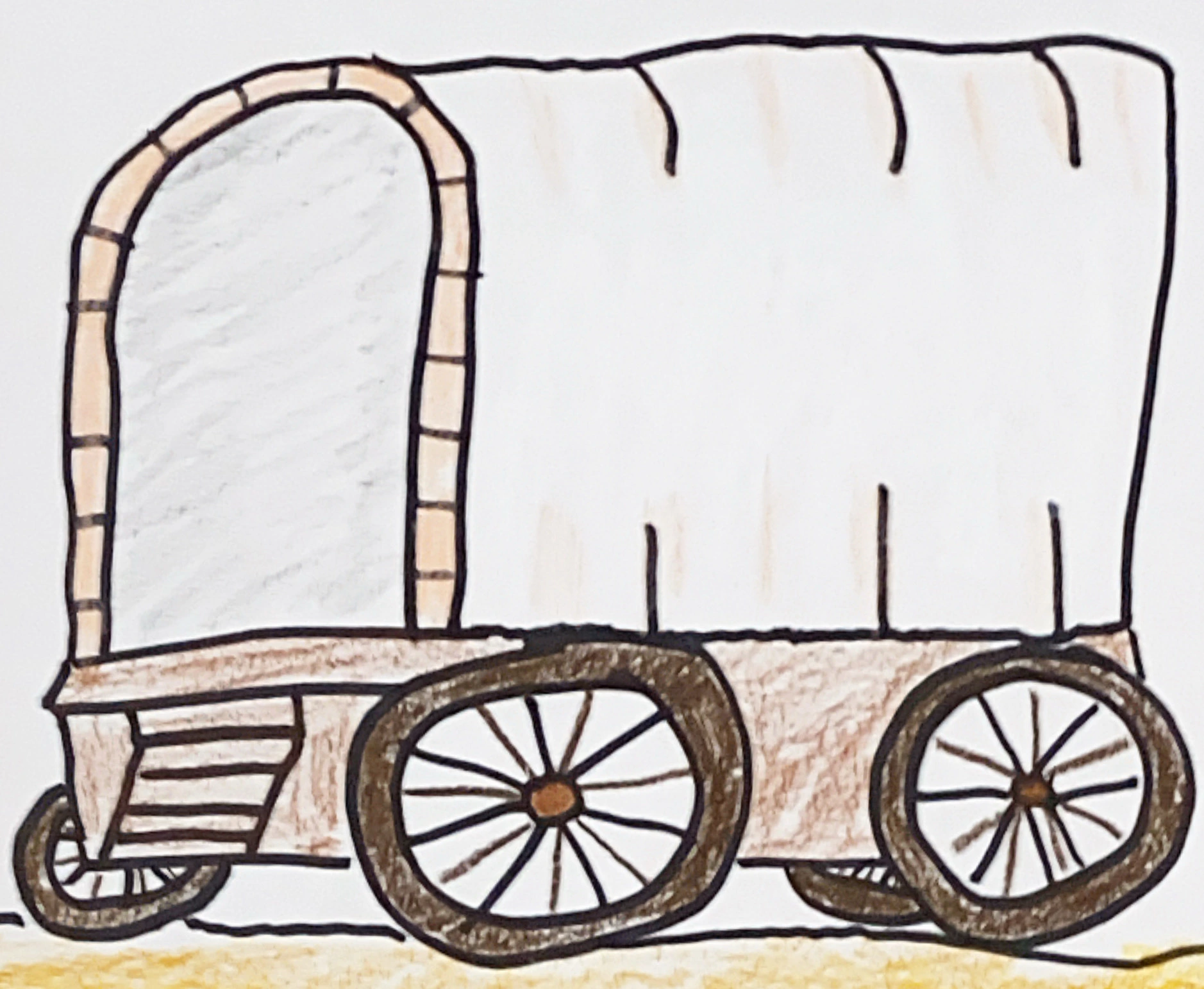 A hand-drawn illustration of Joral Deetry's covered wagon on a sandy ground under a bright sun.
