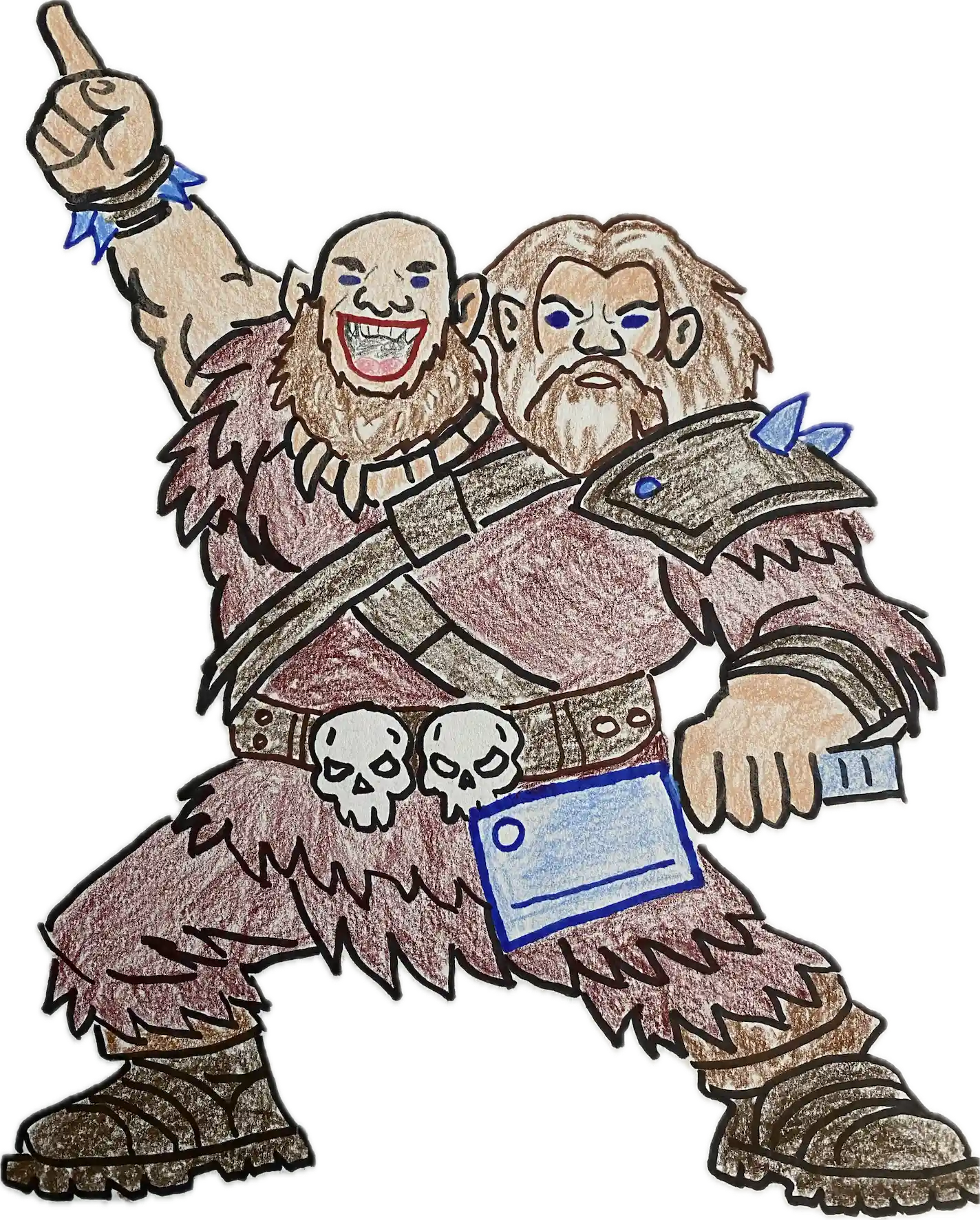 A hand-drawn illustration of a two-headed giant (Ettin) wearing furs and a skull-decorated belt, holding a large blue cleaver. This is a meme reference to Saturday Night Fever. The mushroom cloud on the left is a reference to all the fireballs the heroes have been throwing at the giants and Ettins.