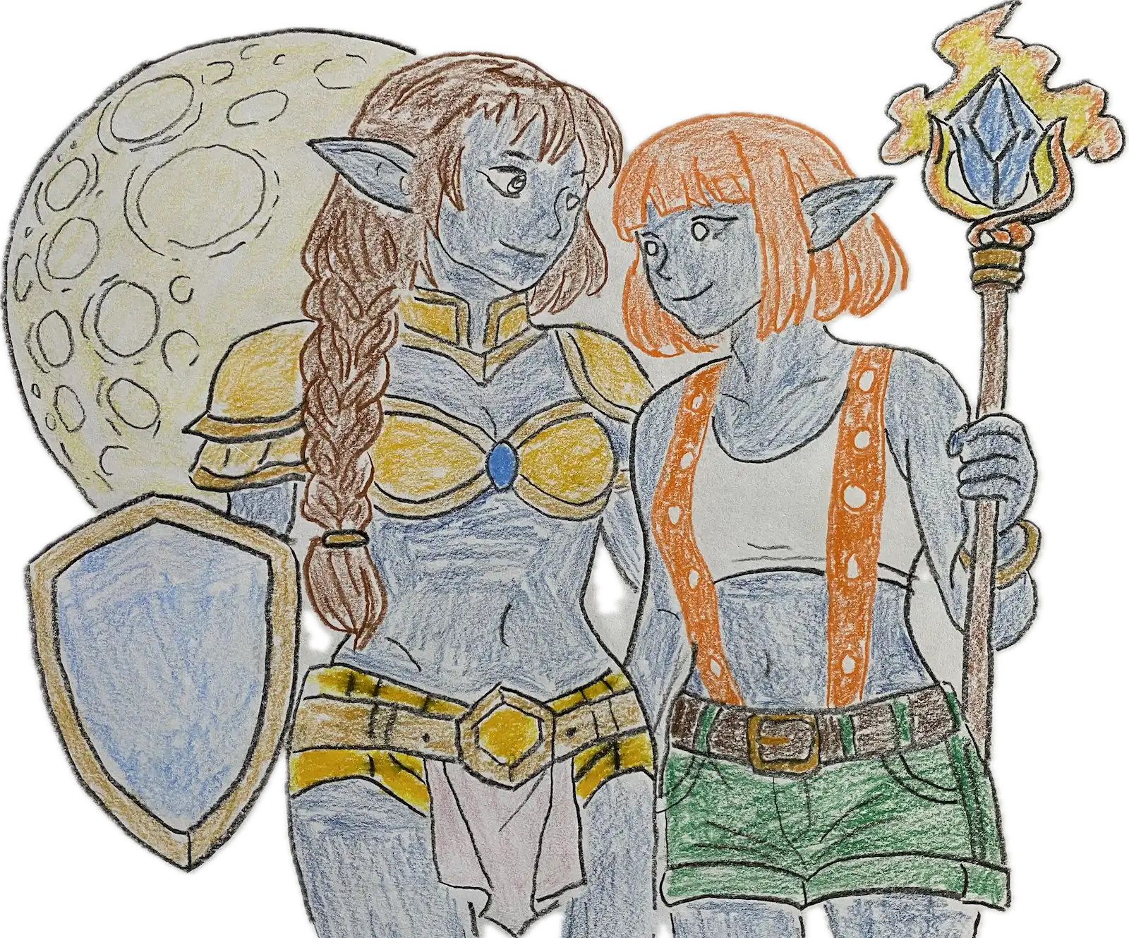 A detailed hand-drawn illustration of two dark elves standing before a large moon. Tressa (left) is drawn as a paladin reminiscent of Princess Leia (although we later learned she was a Barbarian) and Delia (right) is drawn as Leeloo Dallas (a character from the movie The Fifth Element).