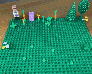 A high-quality animated LEGO farm scene with plants and figures. This is a depiction of an agricultural machine manufactured by Dazzlecraft and Tinkerrock.