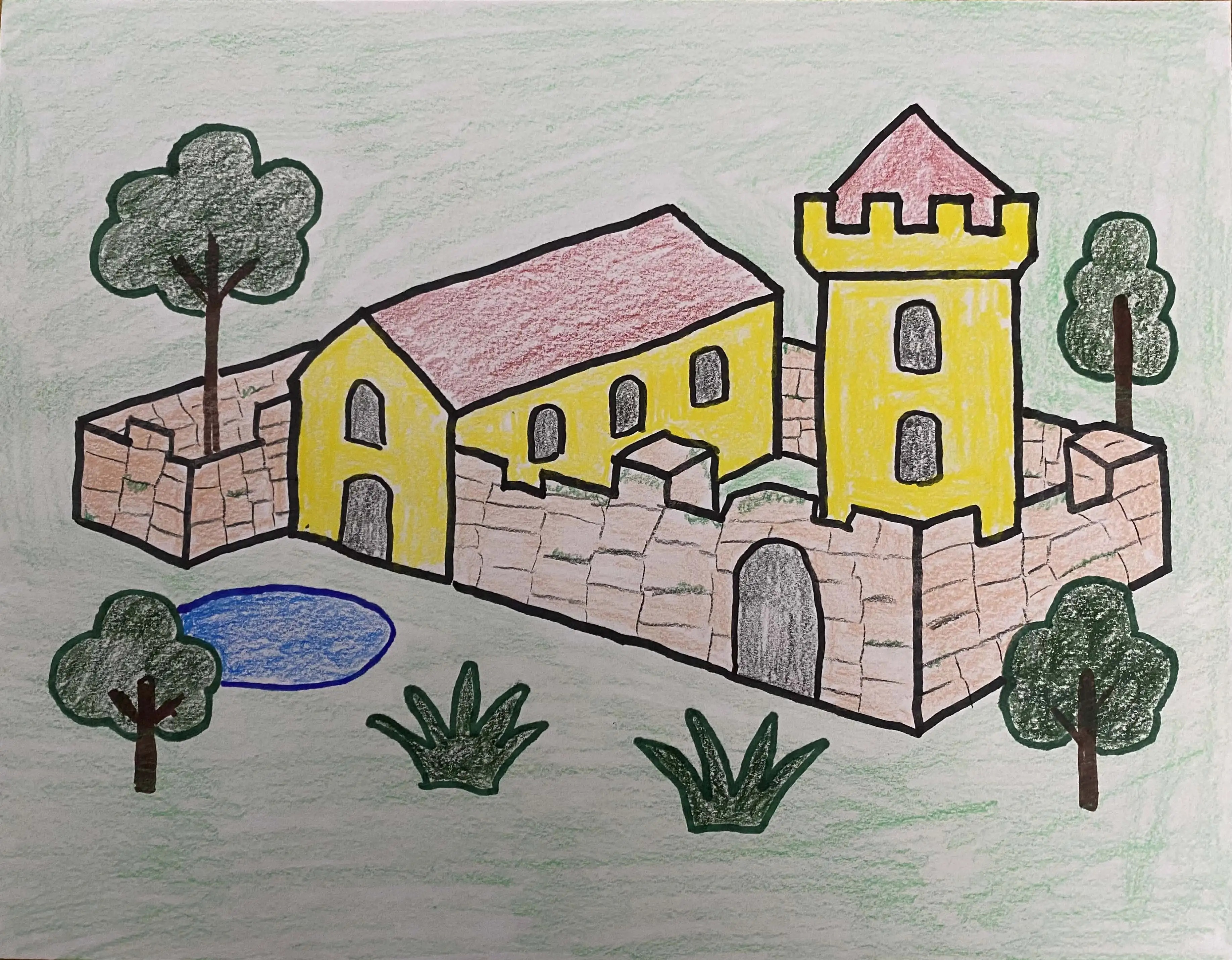 A hand-drawn illustration of the Friends of the Forest's Freeburg Bastion with its yellow tower and surrounding wall.
