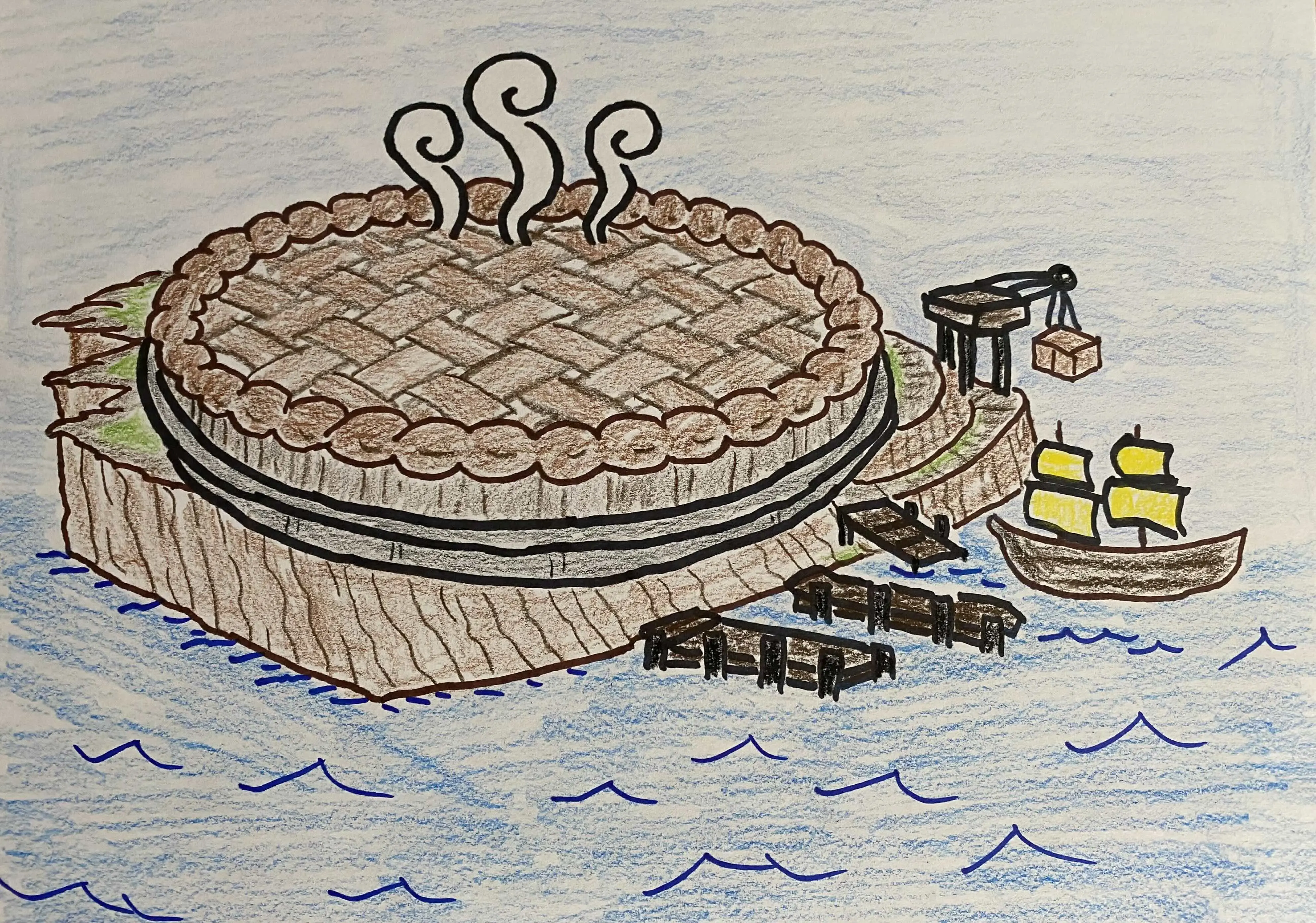 A hand-drawn illustration of an island shaped like a large lattice-top pie.
