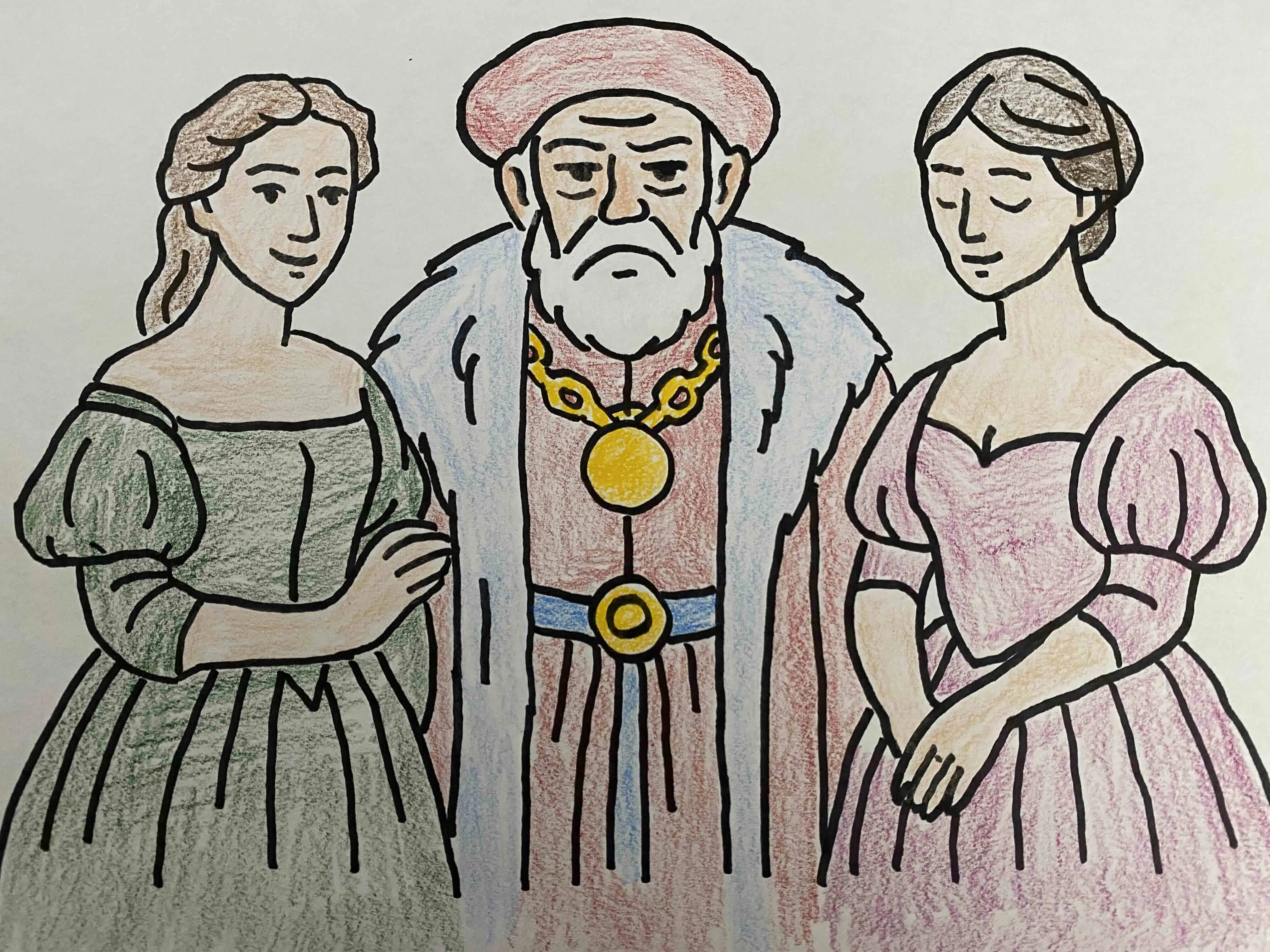 A hand-drawn family portrait of a regal man and two elegantly dressed women. The heroes found this drawing in the attic of Lord Fox's family estate, and it is meant to represent an elder Lord Fox's sister wives.