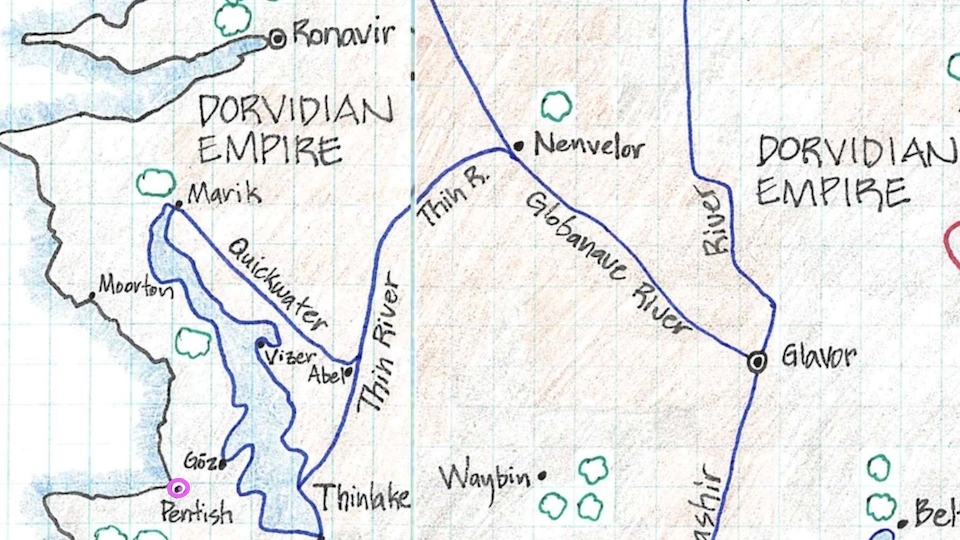 A hand-drawn map snippet on grid paper showing the Dorvidian Empire and the city of Pentish -- the home of Lord Pent, a powerful adversary of the heroes.