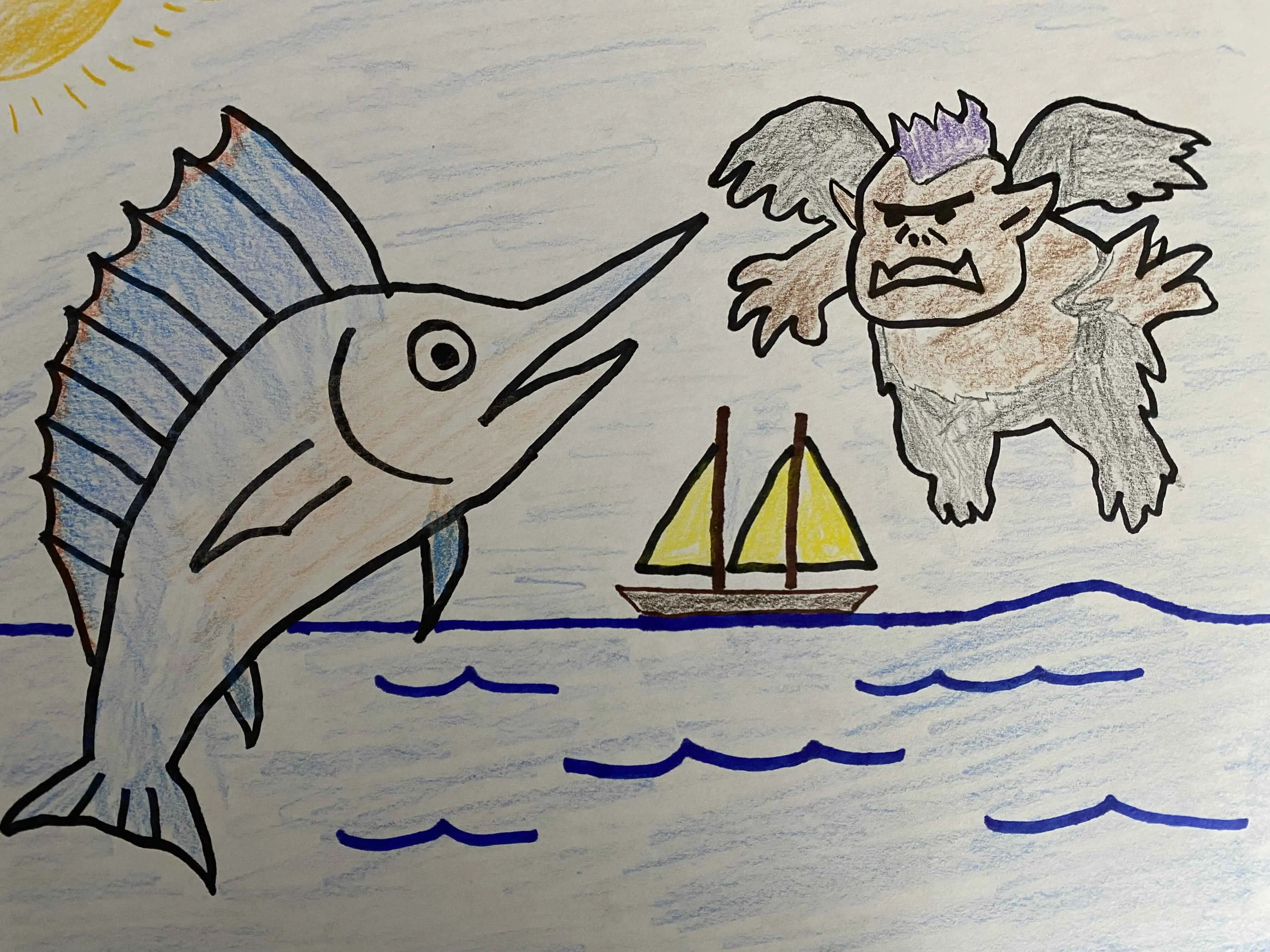 A hand-drawn illustration of a sailfish, a sailboat, and a winged demon creature on the sea.
