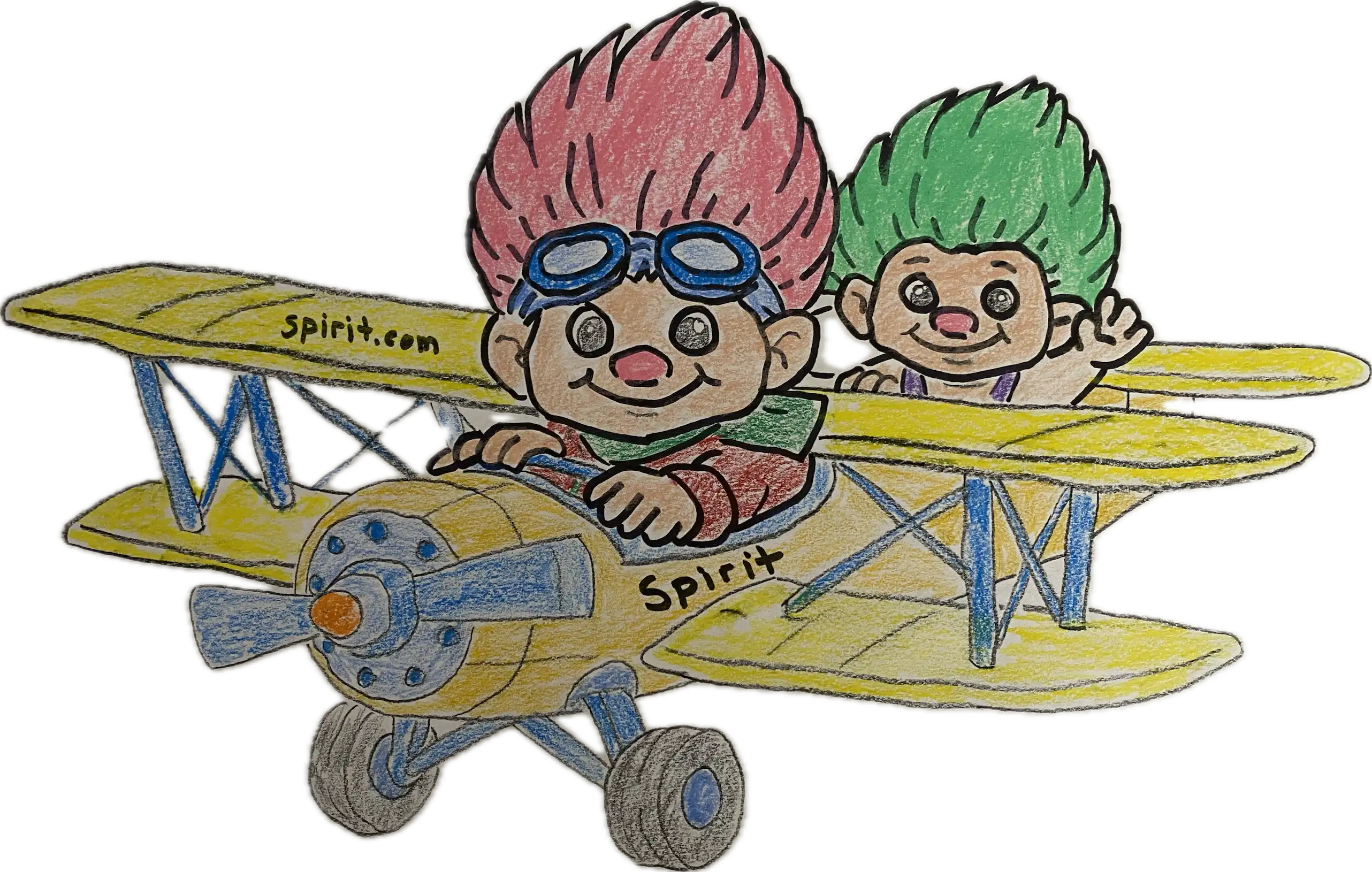 A hand-drawn illustration of two '90s troll dolls flying a 'Spirit' biplane with a fairy trash talking them. This is a reference to Spirit Airlines, a failed company, and the troll dolls are meant to represent Spirit Trolls.