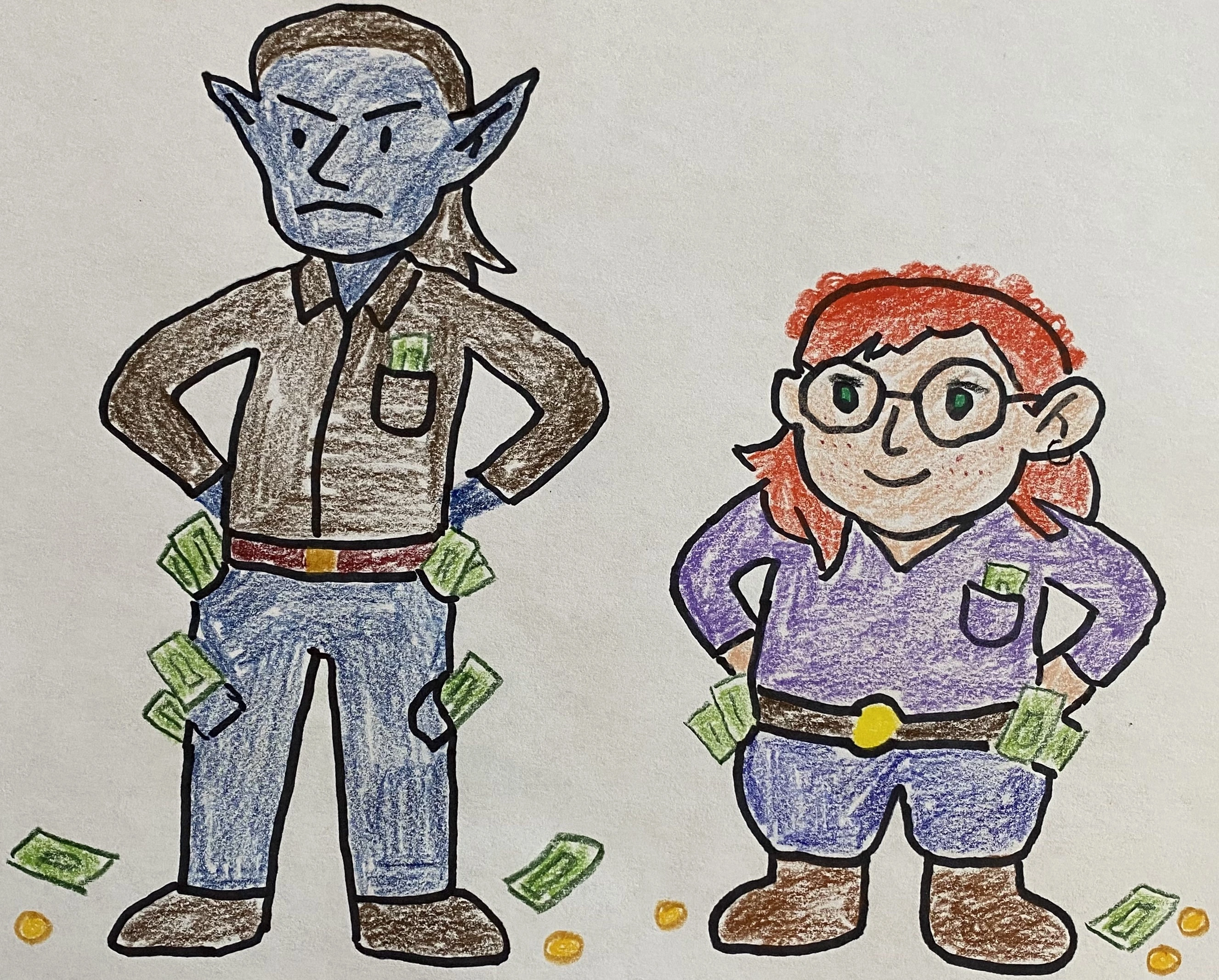 A hand-drawn illustration of Dirk (left) and Annette (right) whose pockets are literally overflowing with cash and gold.