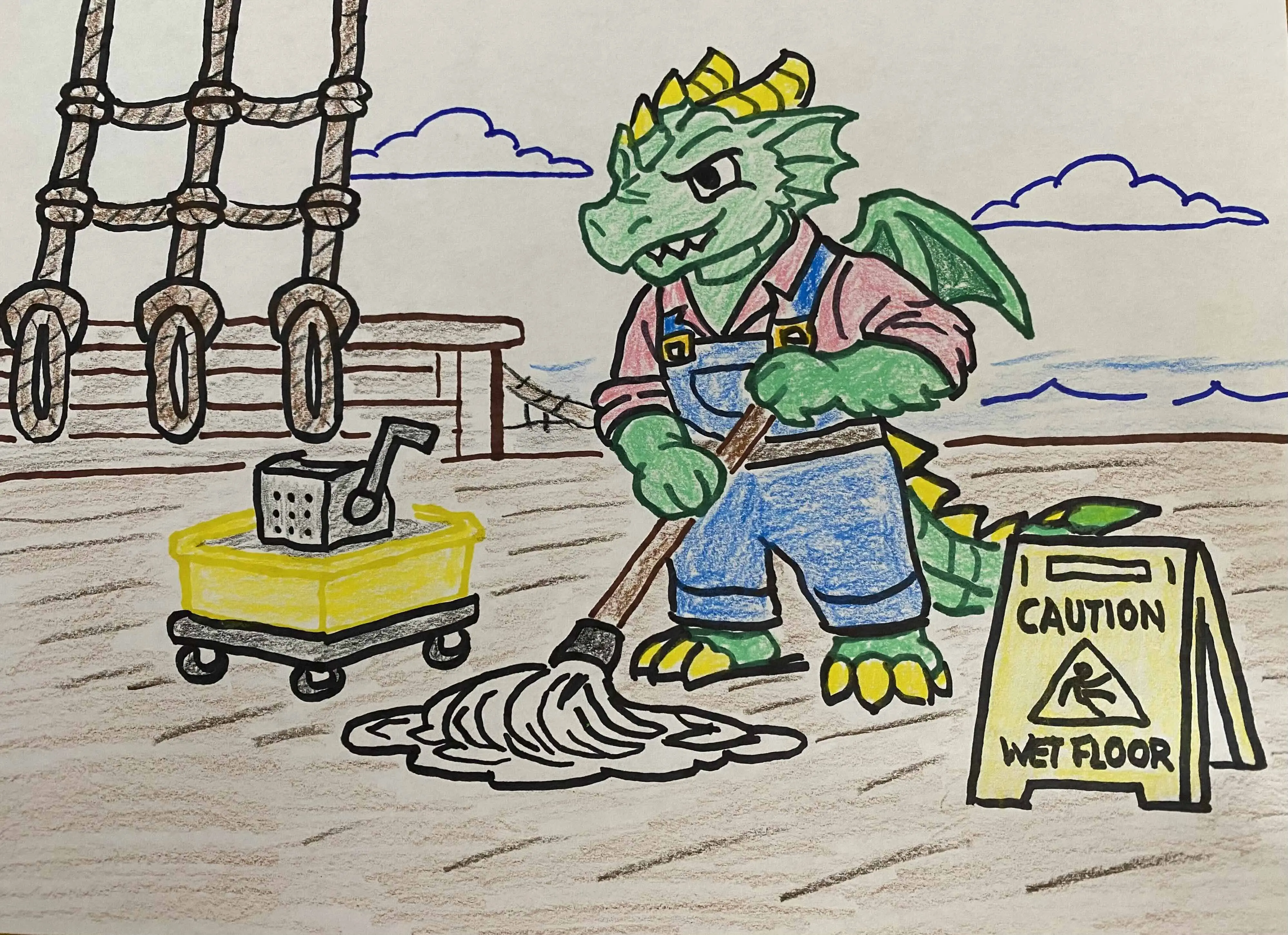 A hand-drawn illustration of a green dragon wearing overalls and mopping a floor next to a caution sign. This is a reference to the name "Umbraxus," which was supposed to strike fear into the hearts of the heroes but sounded more like an industrial cleaning product.