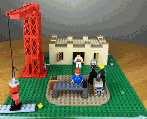 A higher quality animated LEGO scene of a happy, busy workshop. This is Dazzlecraft and Tinkerrock's workshop before Tinkerrock was lynched by a mob.